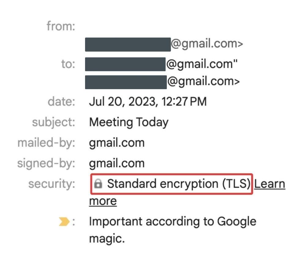 A screenshot of gmail highlighting the "Standard encryption (TLS)" lock icon indicating that a message was sent with TLS