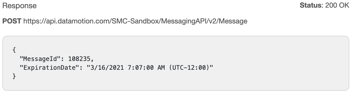 Sample response for a successfully sent message with 200 OK status code, MessageID, and message ExpirationDate