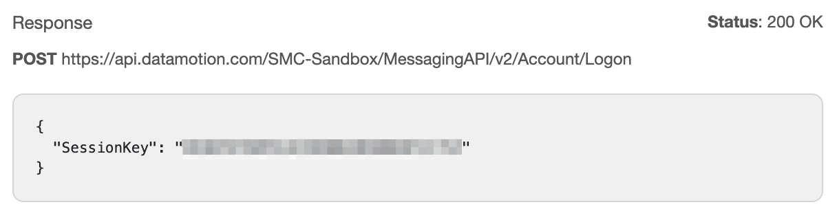 Sample of a successful session key response body. Including a 200 OK status code and your session key