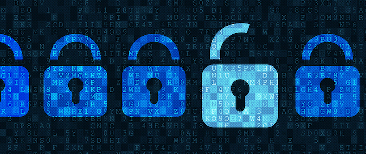 Four blue closed padlock and one white open padlock symbols on dark grey alphanumeric code pixelated background.