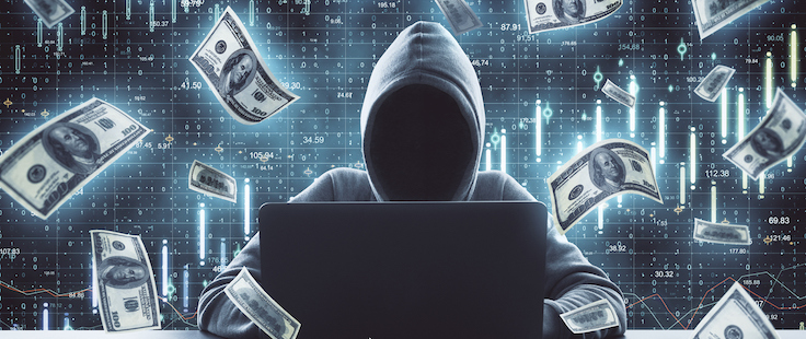 Hacker using laptop surrounded by falling dollar bills on a blue background