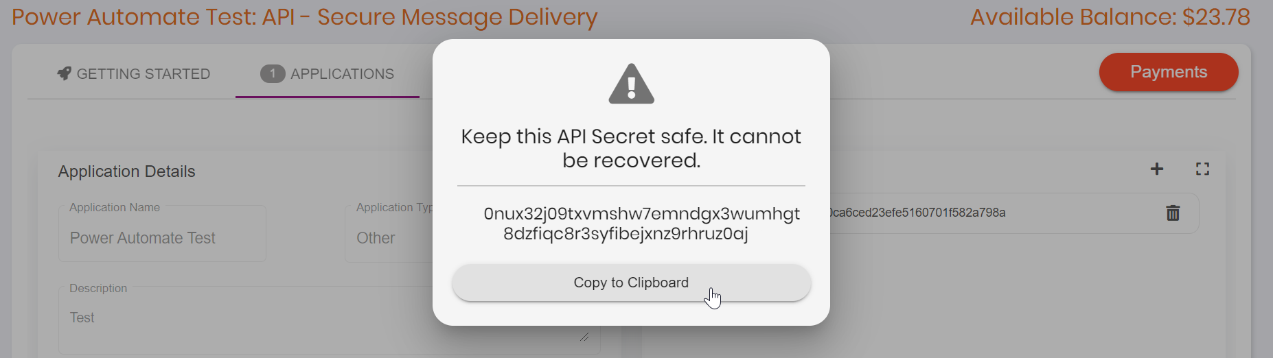 Get your API secret clicking the (+) sign in the center of the 'API Keys' section