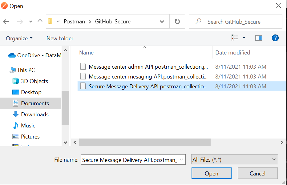 Click 'Upload Files' to upload the DataMotion secure message delivery API JSON file