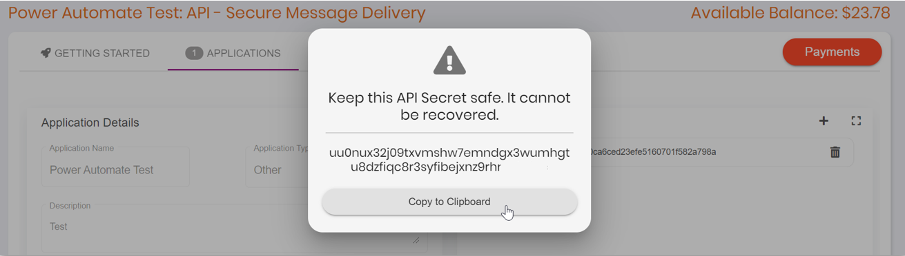 Copy your API Secret from the DataMotion self-service portal and store it in a secure place. It cannot be recovered later.