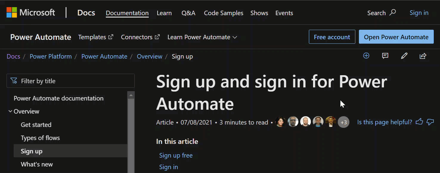 Click 'Free account' to begin signing up for Power Automate