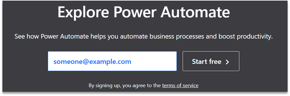Start a free trial of Power Automate by entering your email address then click 'Start free'
