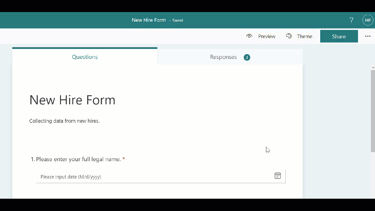 When you finish creating your form, select the 'Share' button at the top right of the page. Then copy the link to the form