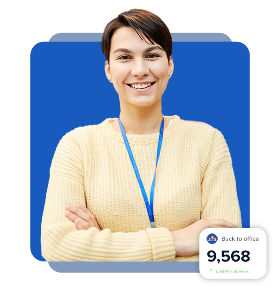 Woman smiling on a blue background with an icon showing the number of employees back to the office has gone up