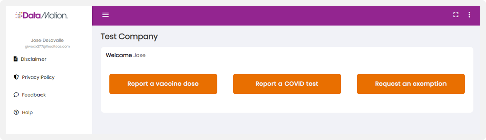 Screenshot of the DataMotion VxRM employee portal. Displays options to report a vaccine dose, report a COVID test, and request an exemption