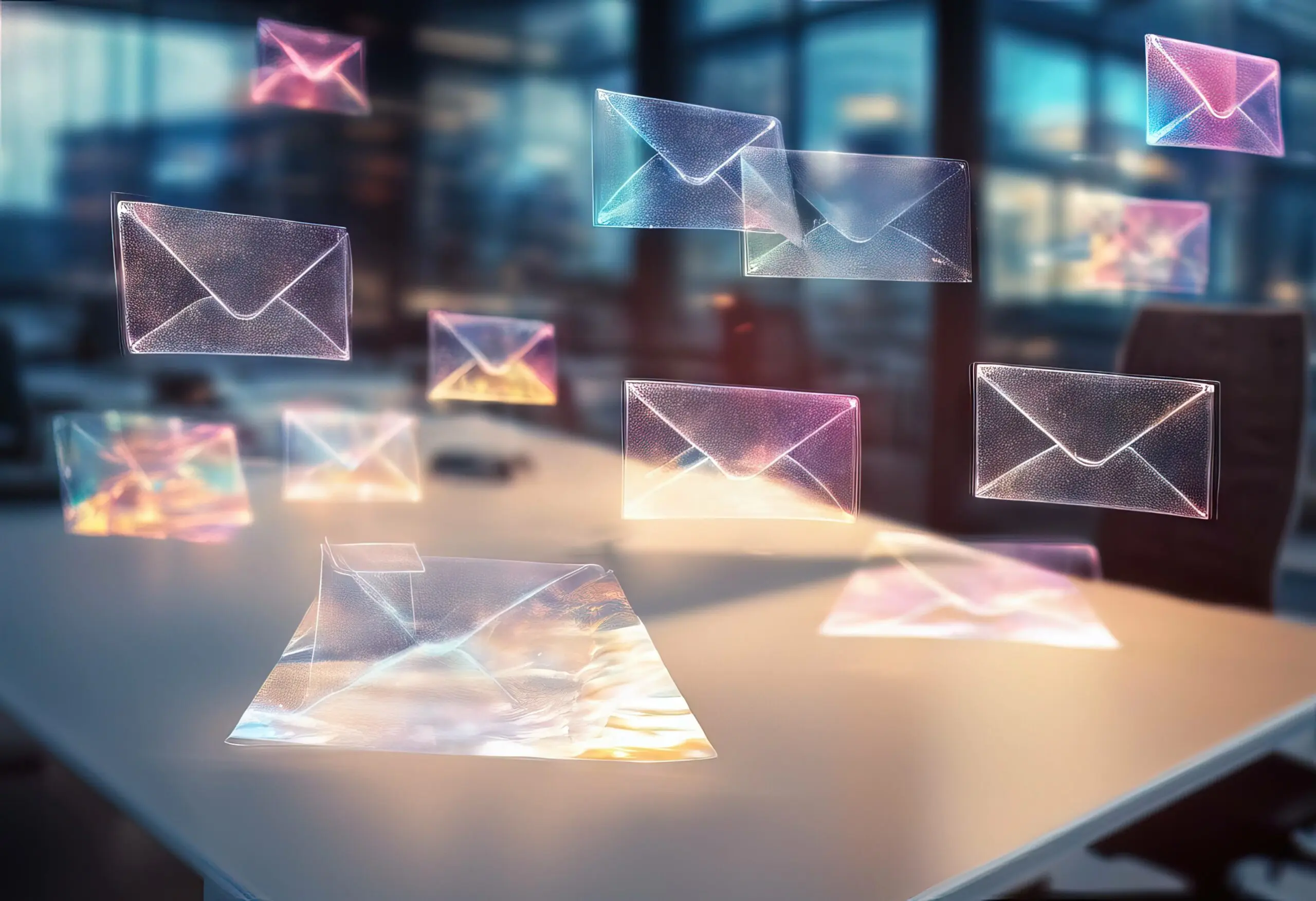 Virtual envelopes floating above a modern office desk.