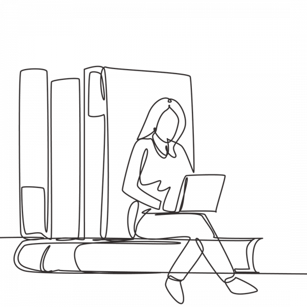 A line drawing of a woman reading an article on her laptop sitting on top of a stack of books
