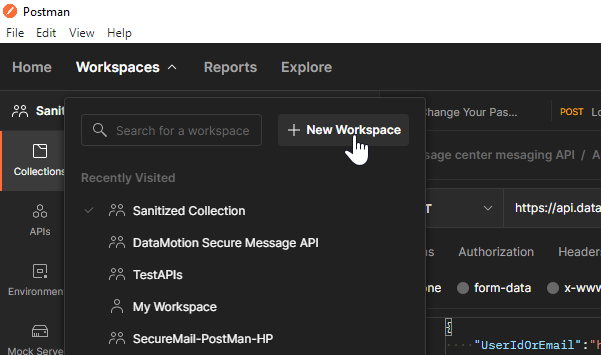 Click + New Workspace; in Postman to open a new workspace