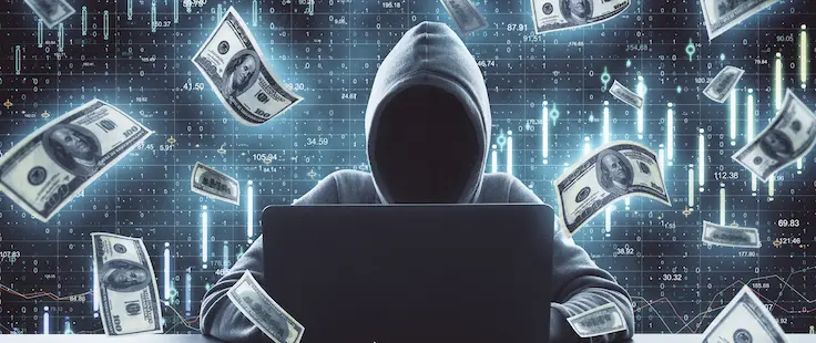 Hacker using laptop and falling dollar bills.