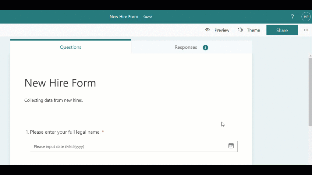 When you finish creating your form, select the 'Share' button at the top right of the page. Then copy the link to the form.