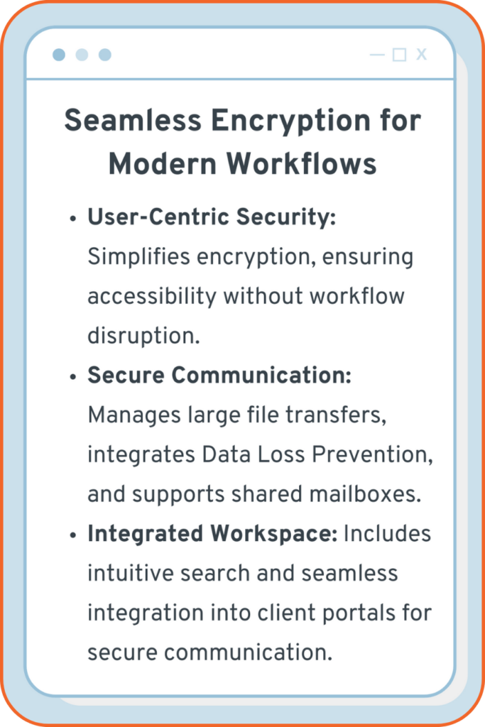 DataMotion offers seamless encryption for modern workflows, including user-centric security, secure communication, and integrated workspaces.