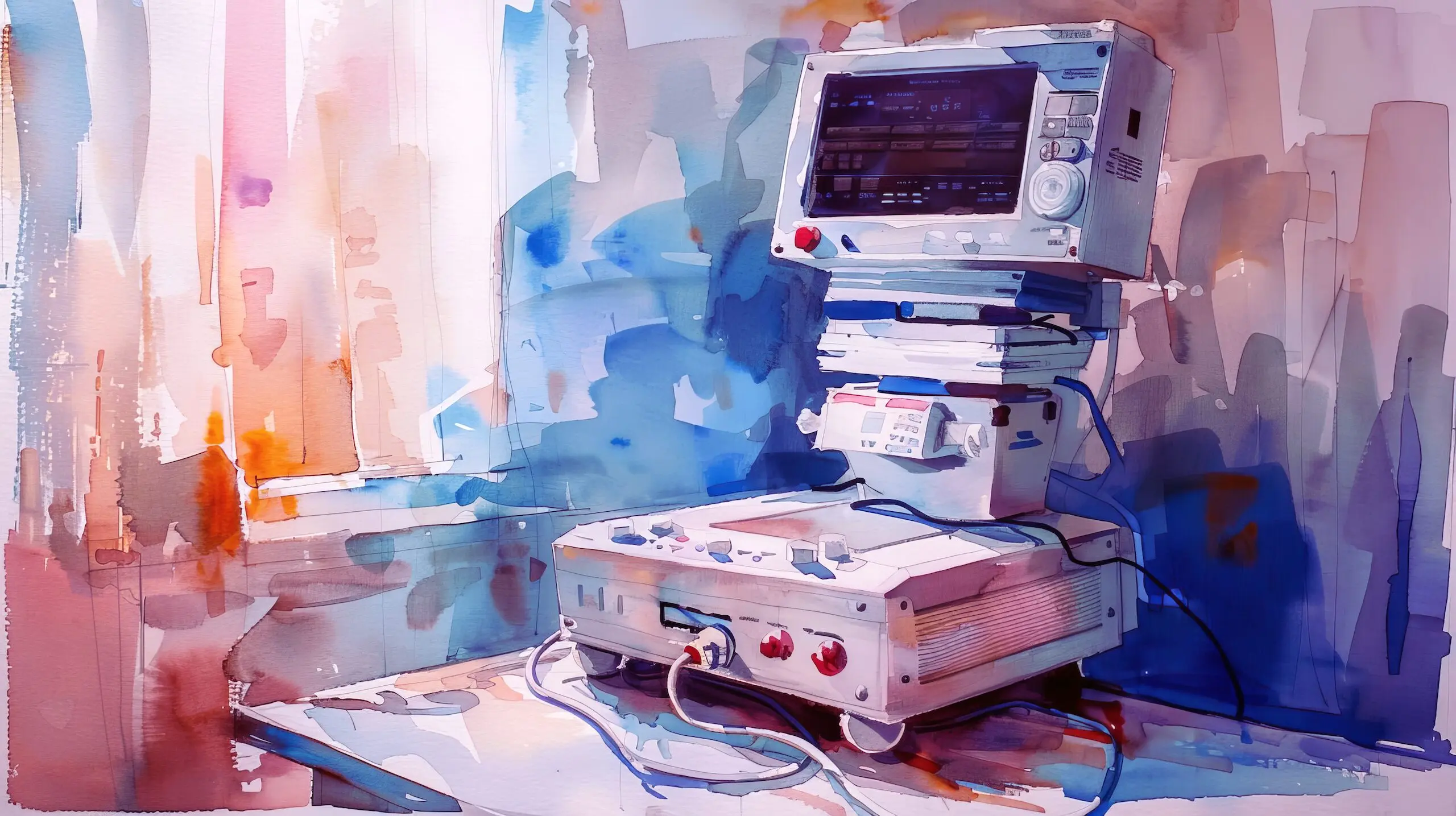 Watercolor painting of medical equipment on a table in a hospital room, showcasing detailed apparatus with vibrant colors and artistic strokes