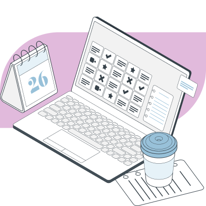 A laptop with a calendar, a coffee cup, and a piece of paper