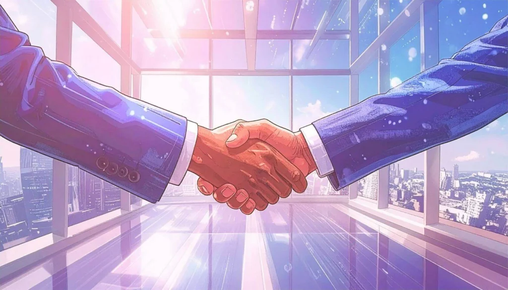 usiness handshake symbolizing an M&A deal with a city skyline background
