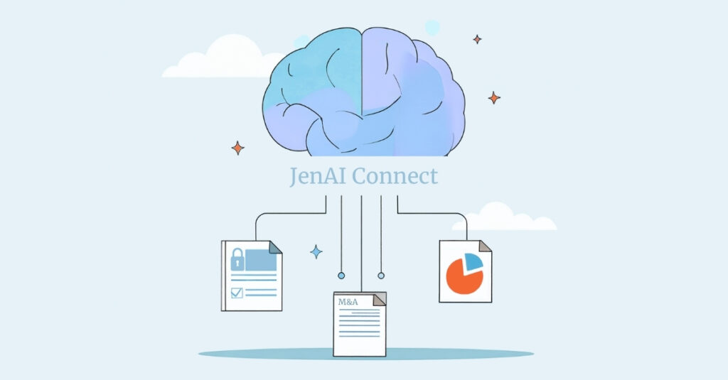 JenAI Connect illustration showing a stylized brain processing three core M&A documents: a secured document with a lock, a merger and acquisition contract, and a financial data chart. This visual represents how AI-powered security is used for intelligent data processing and risk mitigation throughout the M&A lifecycle.