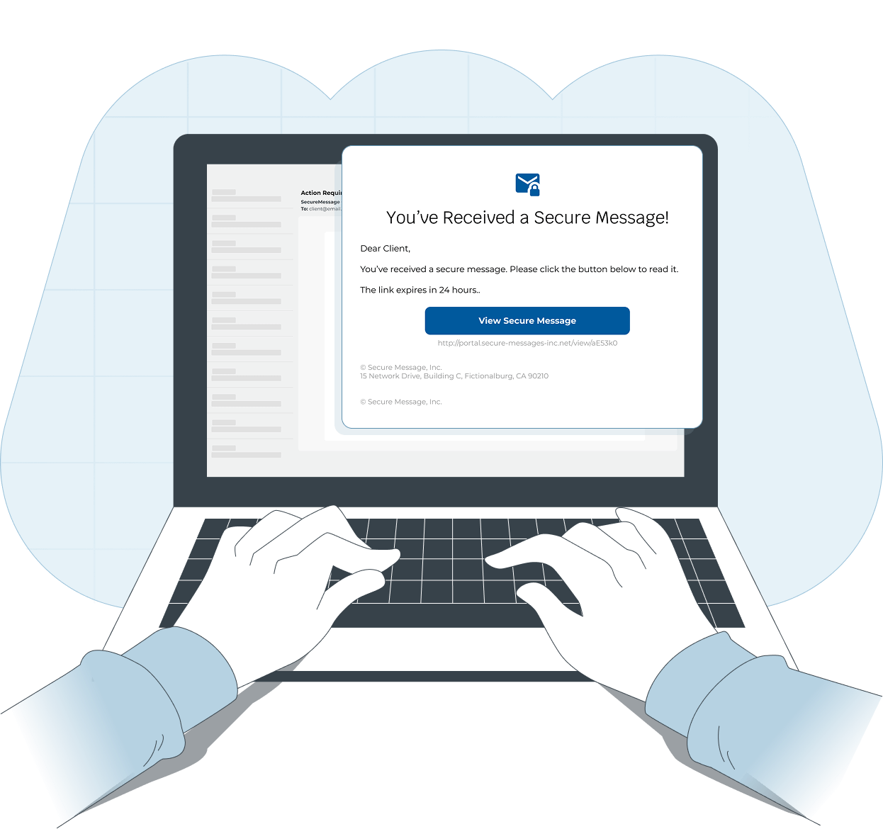 Phishing attempt example: Secure Message email on a laptop. Highlights risk of credential theft and need for integrated secure data solutions.