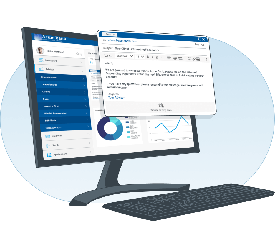 Secure messaging portal with pop out showing a secure message being composed