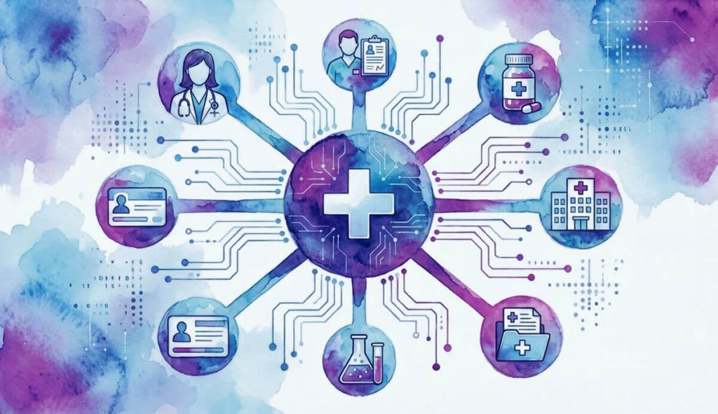 Hub and spoke diagram depicting healthcare interoperability across the healthcare network