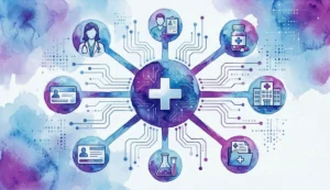 Hub and spoke diagram depicting healthcare interoperability across the healthcare network