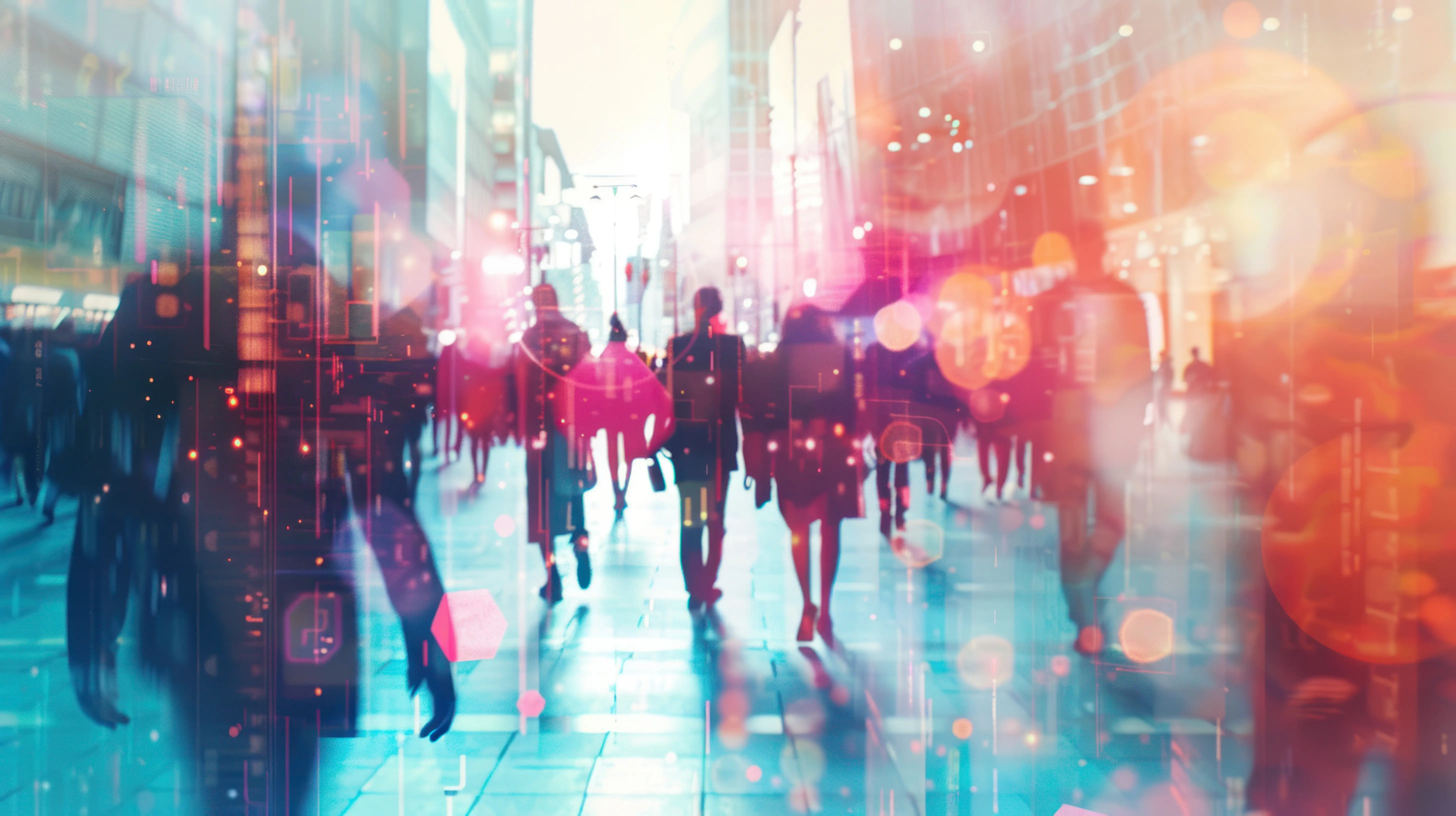 Blurred view of people walking along a city street.